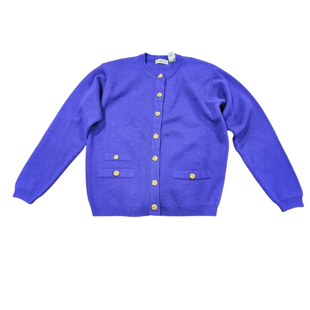 Talbots 100% Merino Wool Cardigan Gold Button Vintage M Made in Hong Kong Purple